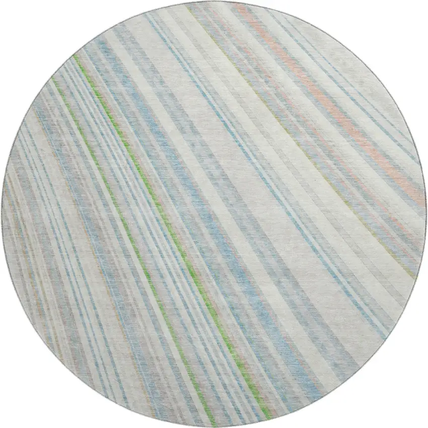 8' Ivory Green And Beige Striped Washable Round Rug With UV Protection Photo 1