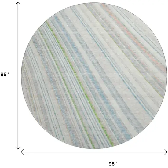 8' Ivory Green And Beige Striped Washable Round Rug With UV Protection Photo 8