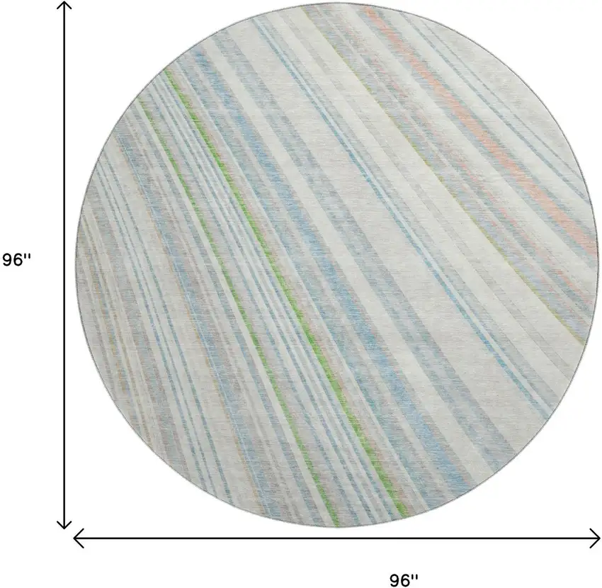 8' Ivory Green And Beige Striped Washable Round Rug With UV Protection Photo 8