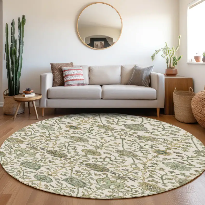 8' Ivory Green And Brown Round Floral Washable Indoor Outdoor Area Rug Photo 9