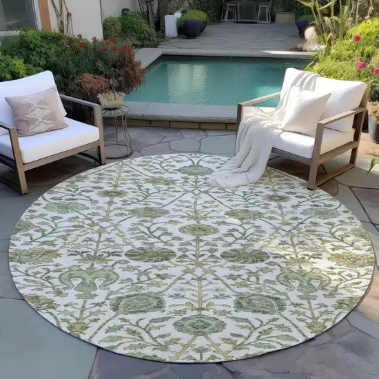 8' Ivory Green And Brown Round Floral Washable Indoor Outdoor Area Rug Photo 8