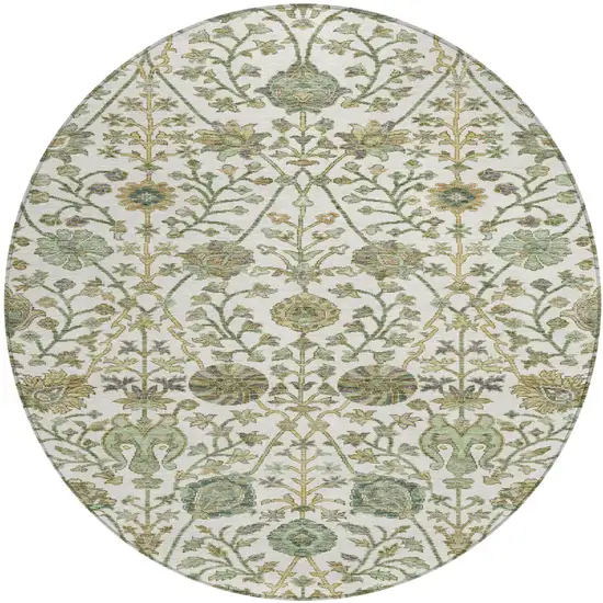 8' Ivory Green And Brown Round Floral Washable Indoor Outdoor Area Rug Photo 2