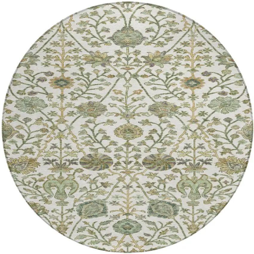 8' Ivory Green And Brown Round Floral Washable Indoor Outdoor Area Rug Photo 2