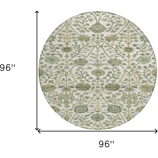 8' Ivory Green And Brown Round Floral Washable Indoor Outdoor Area Rug Photo 8