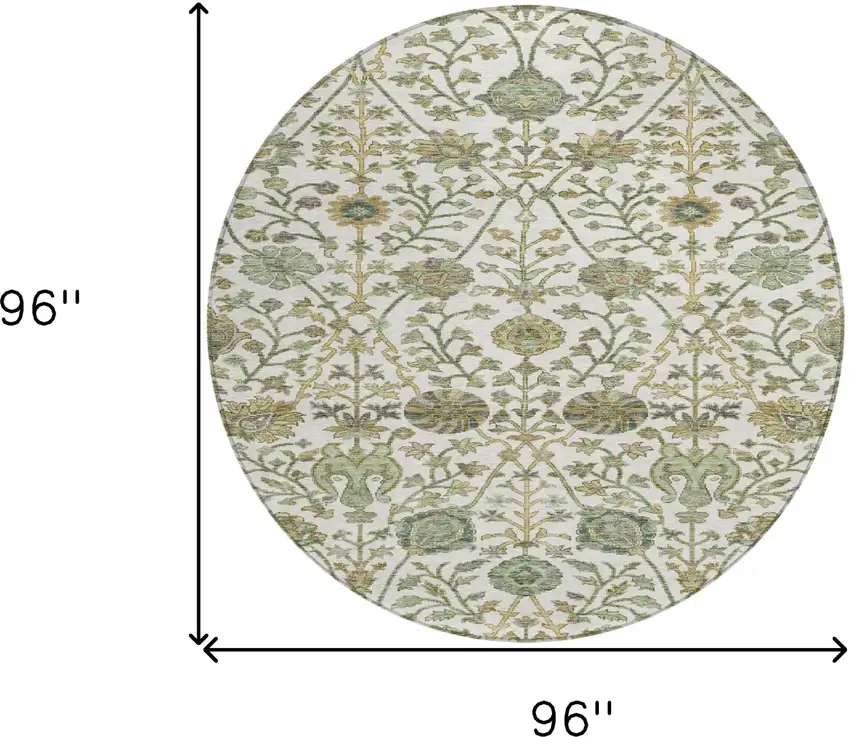 8' Ivory Green And Brown Round Floral Washable Indoor Outdoor Area Rug Photo 8