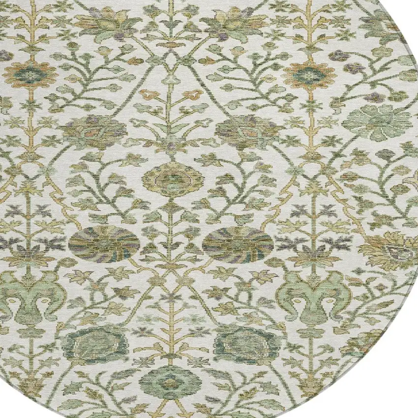 8' Ivory Green And Brown Round Floral Washable Indoor Outdoor Area Rug Photo 6