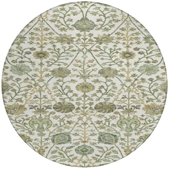 8' Ivory Green And Brown Round Floral Washable Indoor Outdoor Area Rug Photo 7