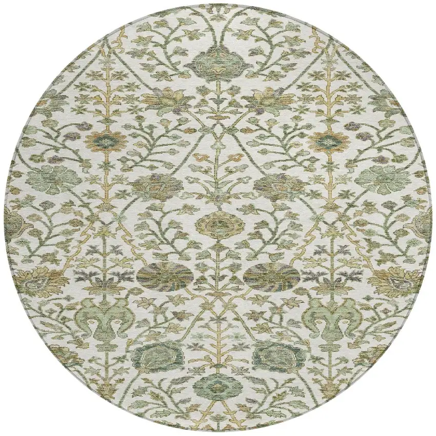 8' Ivory Green And Brown Round Floral Washable Indoor Outdoor Area Rug Photo 7