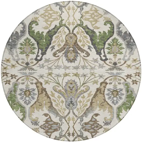 8' Ivory Green And Brown Round Floral Washable Indoor Outdoor Area Rug Photo 2