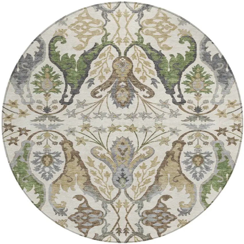 8' Ivory Green And Brown Round Floral Washable Indoor Outdoor Area Rug Photo 2