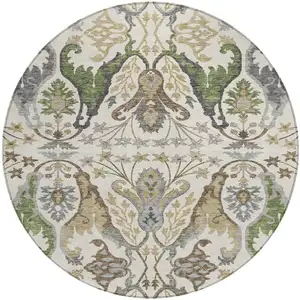 Photo of 8' Ivory Green And Brown Round Floral Washable Indoor Outdoor Area Rug