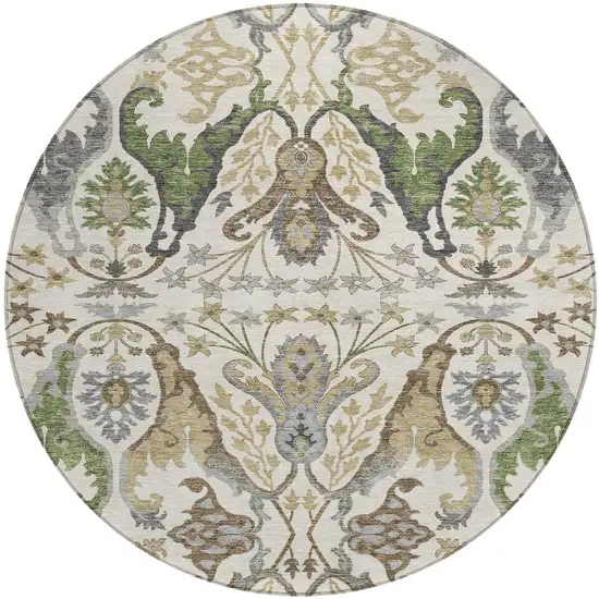 8' Ivory Green And Brown Round Floral Washable Indoor Outdoor Area Rug Photo 7