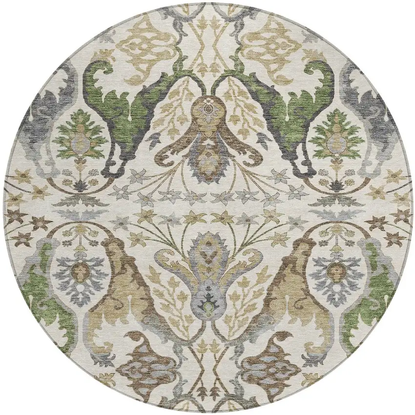 8' Ivory Green And Brown Round Floral Washable Indoor Outdoor Area Rug Photo 7