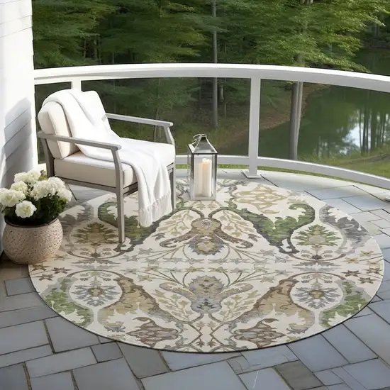 8' Ivory Green And Brown Round Floral Washable Indoor Outdoor Area Rug Photo 8
