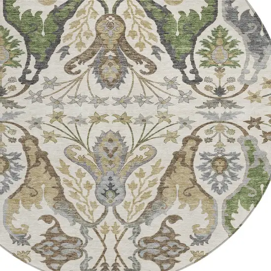 8' Ivory Green And Brown Round Floral Washable Indoor Outdoor Area Rug Photo 5