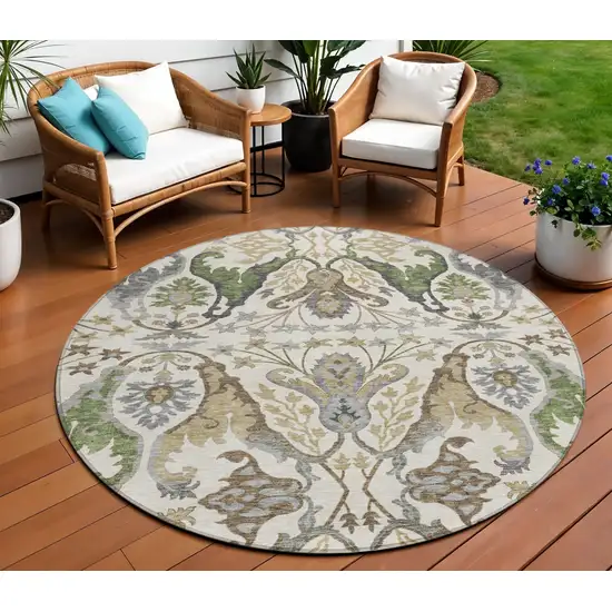 8' Ivory Green And Brown Round Floral Washable Indoor Outdoor Area Rug Photo 1