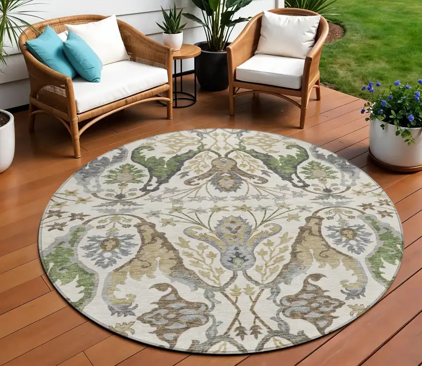 8' Ivory Green And Brown Round Floral Washable Indoor Outdoor Area Rug Photo 1
