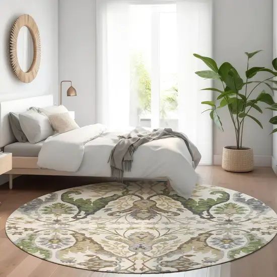 8' Ivory Green And Brown Round Floral Washable Indoor Outdoor Area Rug Photo 9