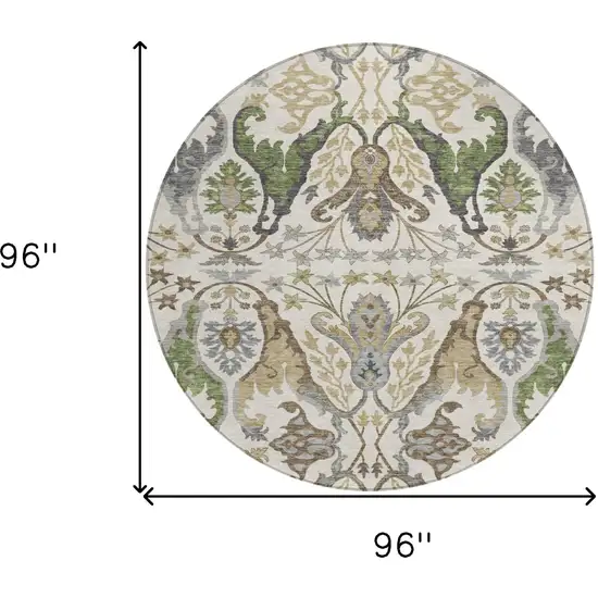 8' Ivory Green And Brown Round Floral Washable Indoor Outdoor Area Rug Photo 8