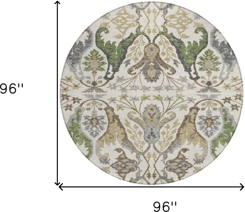 8' Ivory Green And Brown Round Floral Washable Indoor Outdoor Area Rug Photo 8