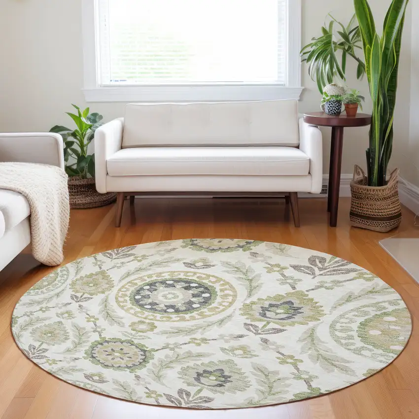8' Ivory Green And Gold Floral Washable Round Rug With UV Protection Photo 5
