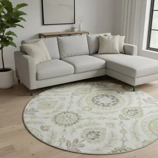 8' Ivory Green And Gold Floral Washable Round Rug With UV Protection Photo 2