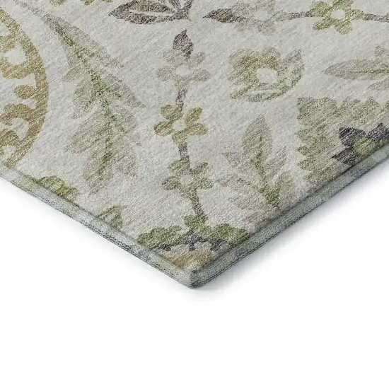 8' Ivory Green And Gold Floral Washable Round Rug With UV Protection Photo 7