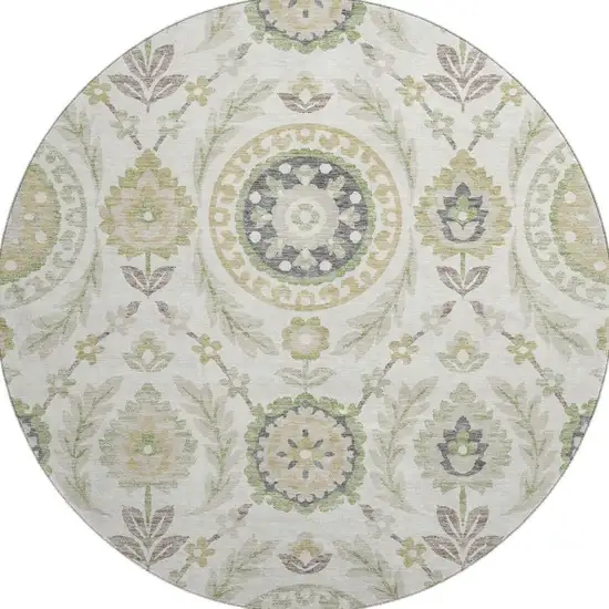 8' Ivory Green And Gold Floral Washable Round Rug With UV Protection Photo 4