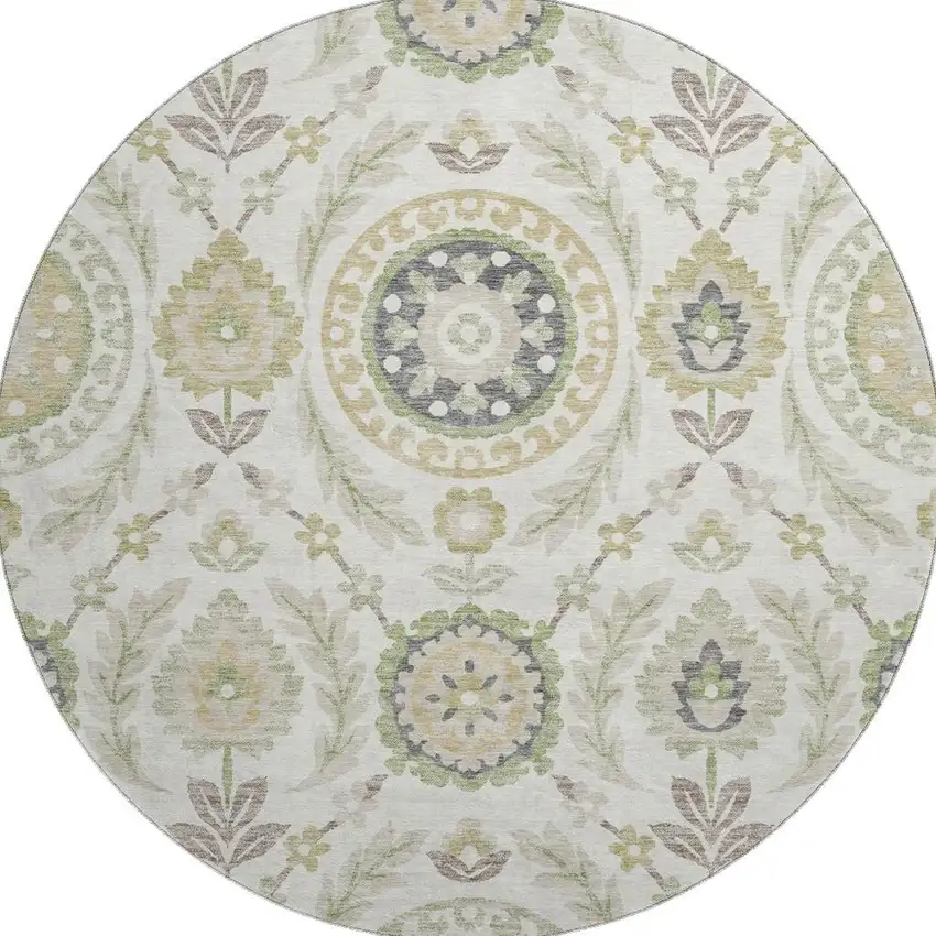 8' Ivory Green And Gold Floral Washable Round Rug With UV Protection Photo 4
