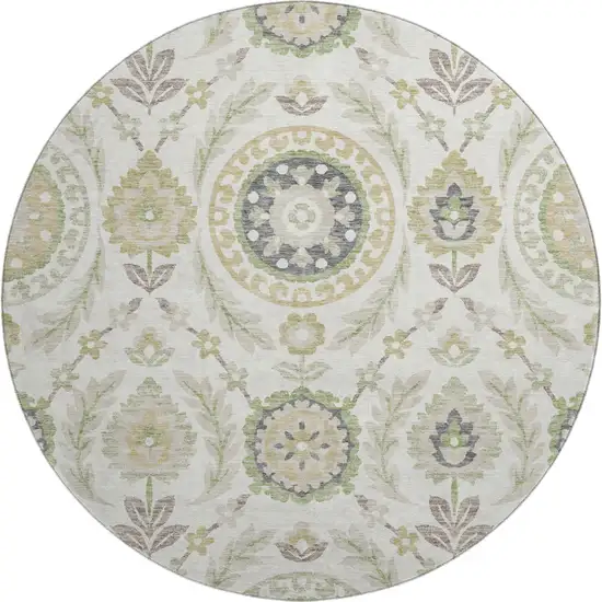 8' Ivory Green And Gold Floral Washable Round Rug With UV Protection Photo 1