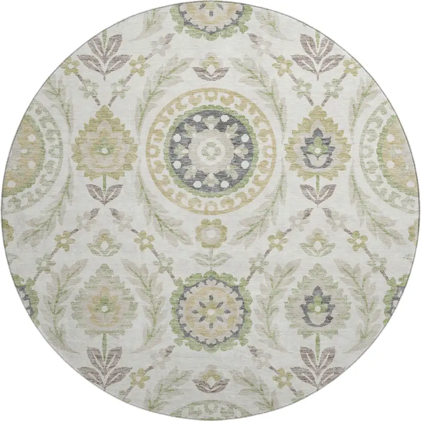 8' Ivory Green And Gold Floral Washable Round Rug With UV Protection Photo 1