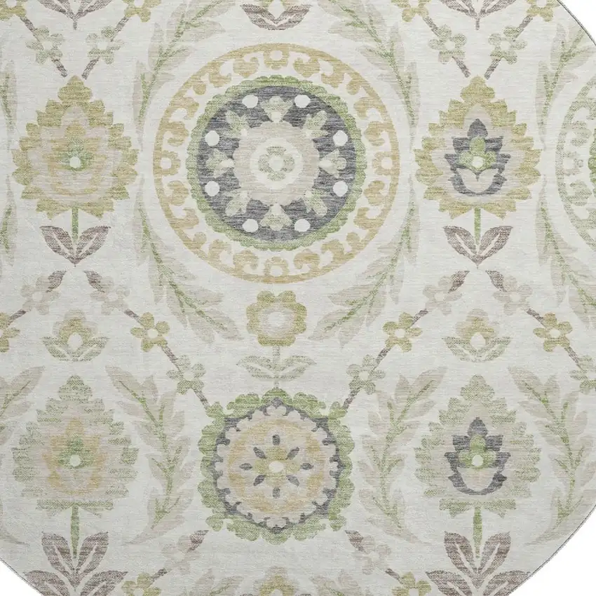 8' Ivory Green And Gold Floral Washable Round Rug With UV Protection Photo 3