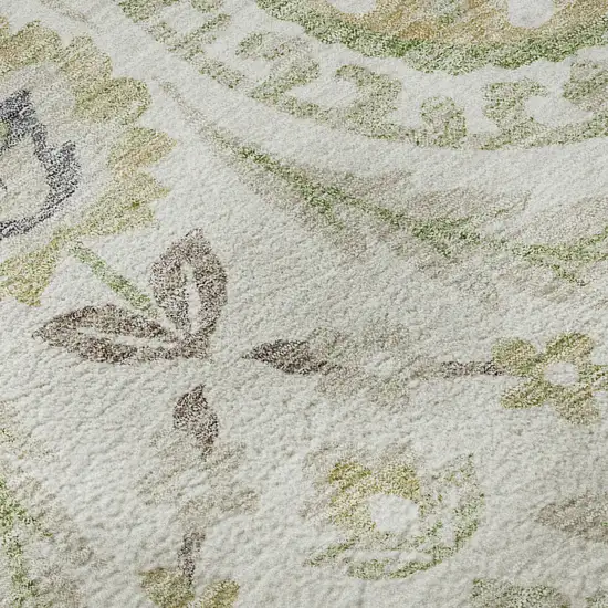 8' Ivory Green And Gold Floral Washable Round Rug With UV Protection Photo 9