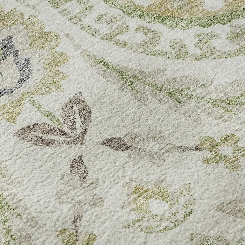 8' Ivory Green And Gold Floral Washable Round Rug With UV Protection Photo 9