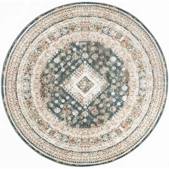 8' Ivory Green And Orange Oriental Non Skid Round Rug Photo 4