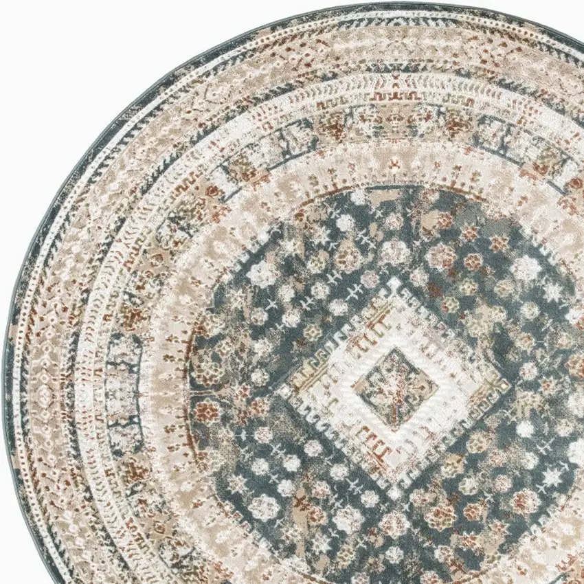 8' Ivory Green And Orange Oriental Non Skid Round Rug Photo 8