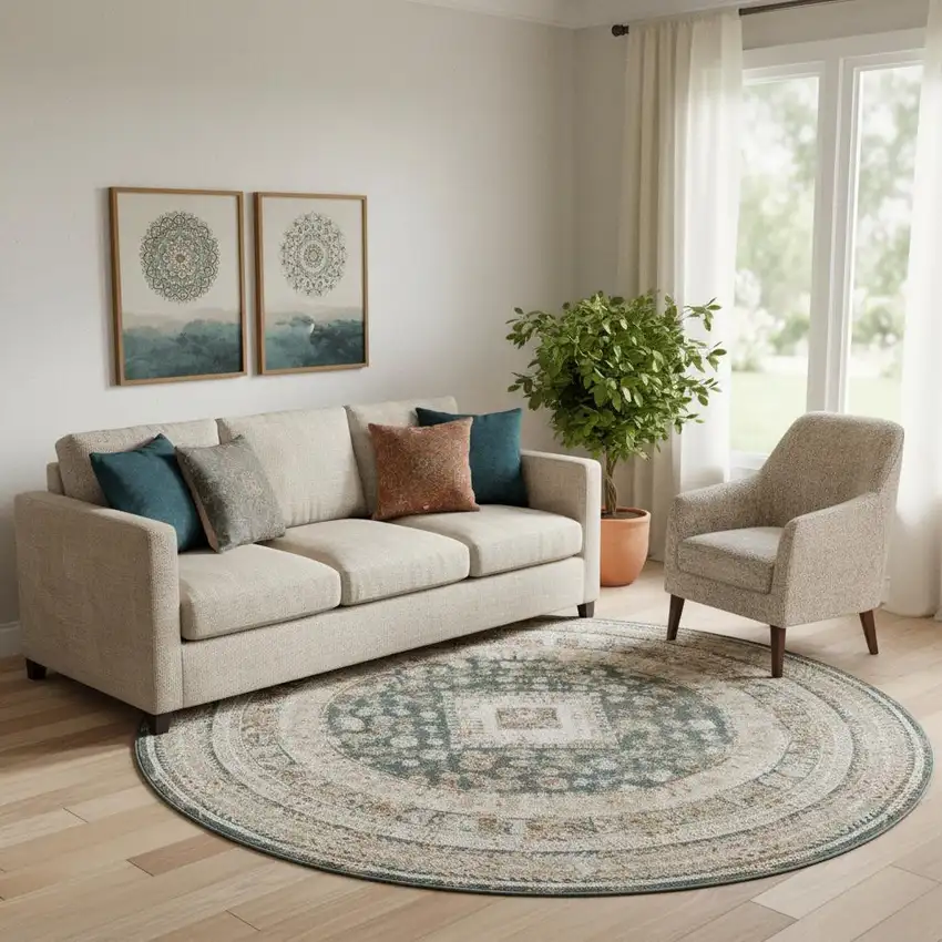 8' Ivory Green And Orange Oriental Non Skid Round Rug Photo 1