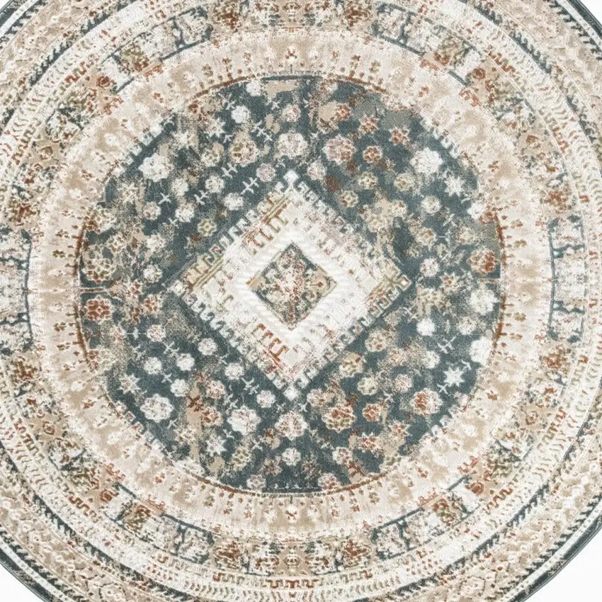 8' Ivory Green And Orange Oriental Non Skid Round Rug Photo 7