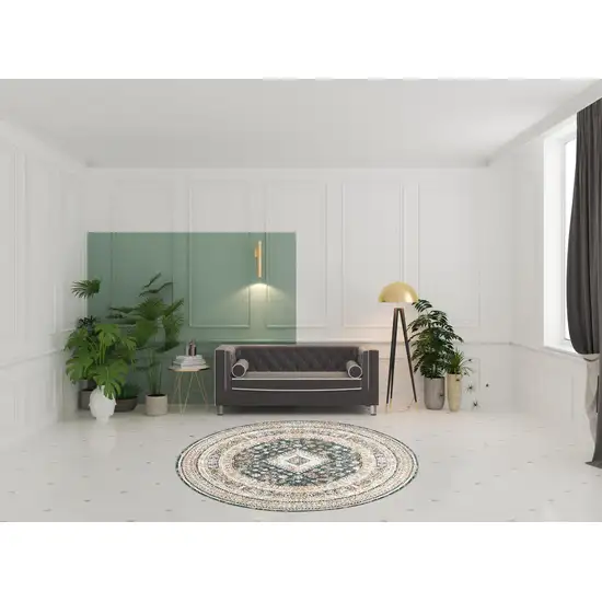 8' Ivory Green And Orange Oriental Non Skid Round Rug Photo 1