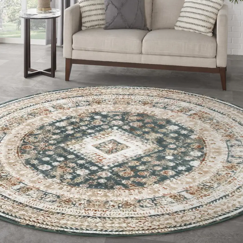8' Ivory Green And Orange Oriental Non Skid Round Rug Photo 5