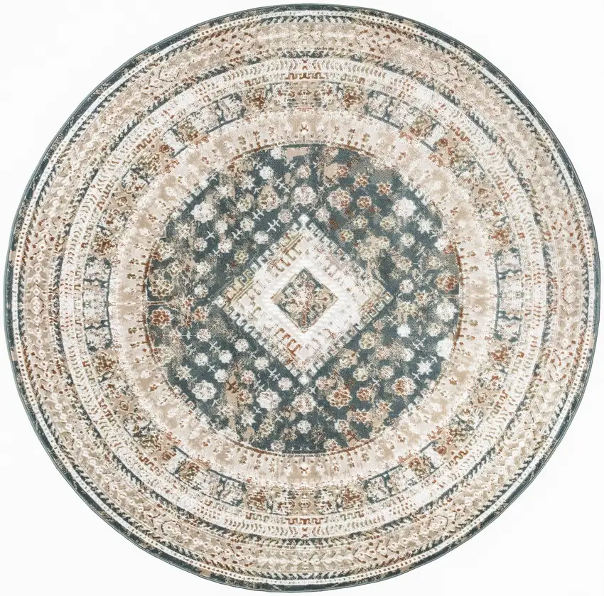 5' Ivory Green And Orange Oriental Non Skid Round Rug Photo 2