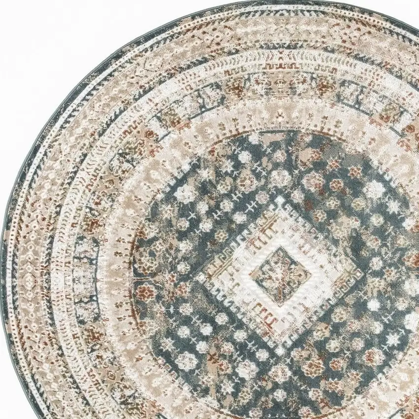 5' Ivory Green And Orange Oriental Non Skid Round Rug Photo 4