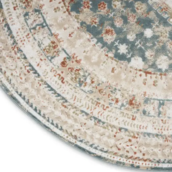 5' Ivory Green And Orange Oriental Non Skid Round Rug Photo 9