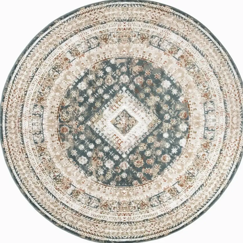 5' Ivory Green And Orange Oriental Non Skid Round Rug Photo 3