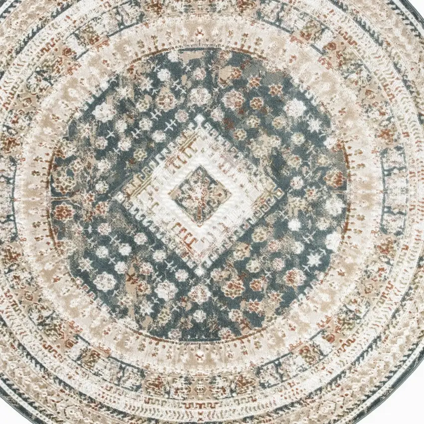 5' Ivory Green And Orange Oriental Non Skid Round Rug Photo 7