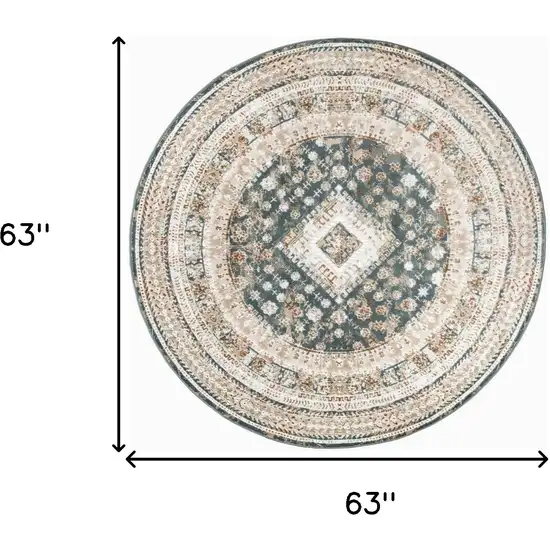 5' Ivory Green And Orange Oriental Non Skid Round Rug Photo 3