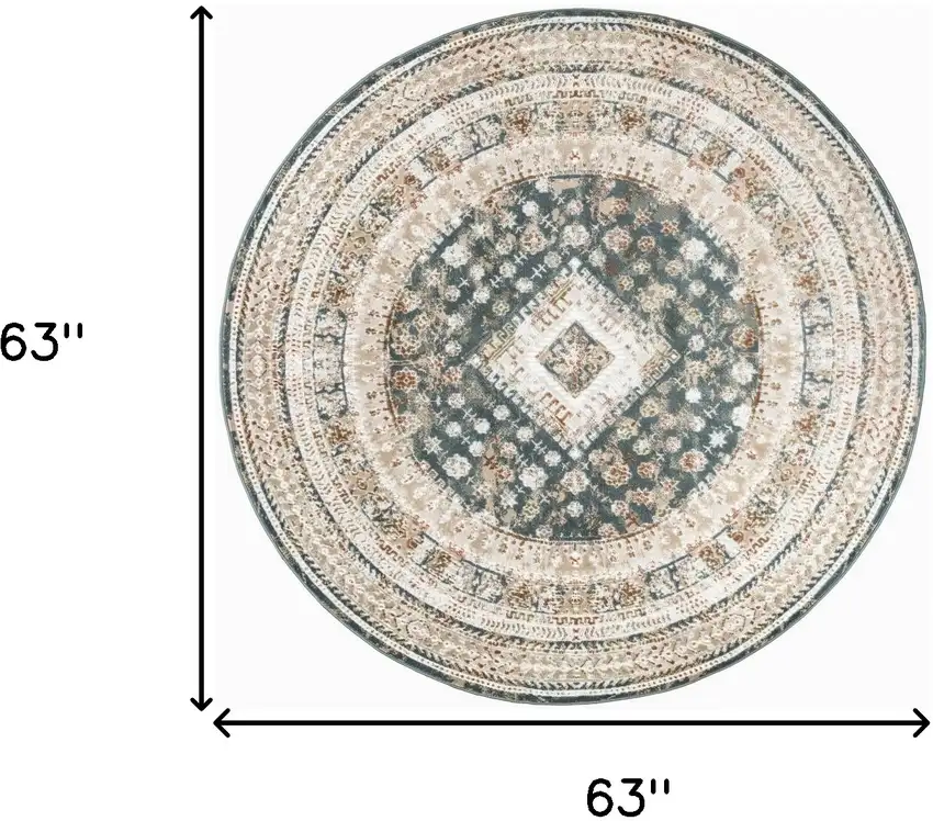 5' Ivory Green And Orange Oriental Non Skid Round Rug Photo 3