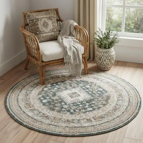 5' Ivory Green And Orange Oriental Non Skid Round Rug Photo 1