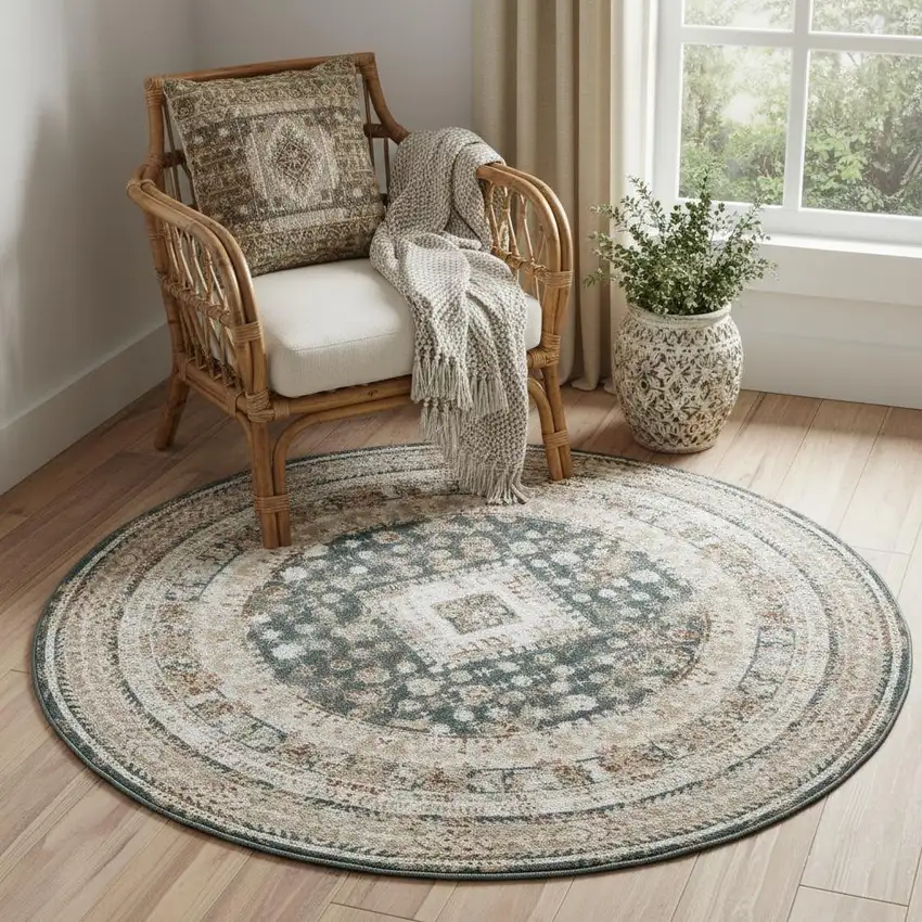 5' Ivory Green And Orange Oriental Non Skid Round Rug Photo 1