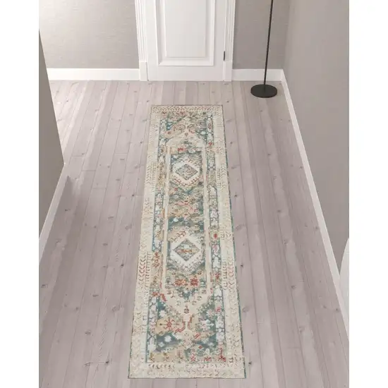 10' Ivory Green And Orange Oriental Non Skid Runner Rug Photo 1